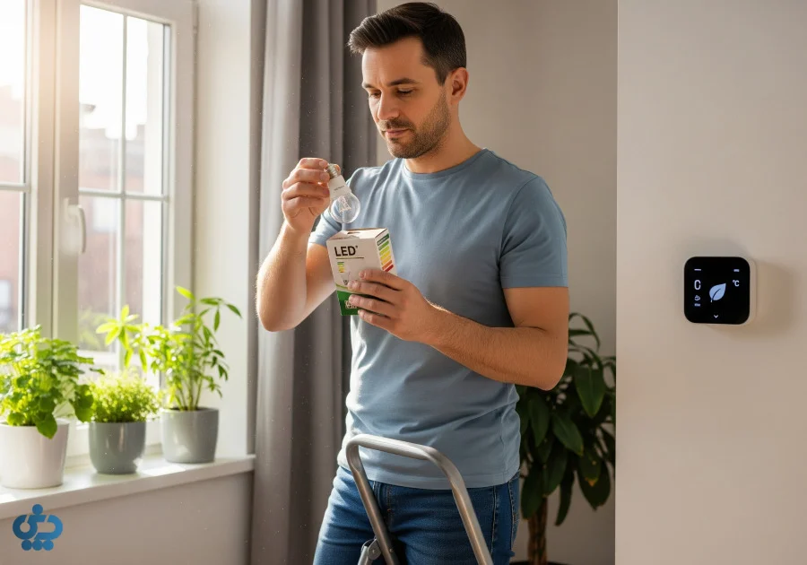 مردی در حال تعویض لامپ به LED.