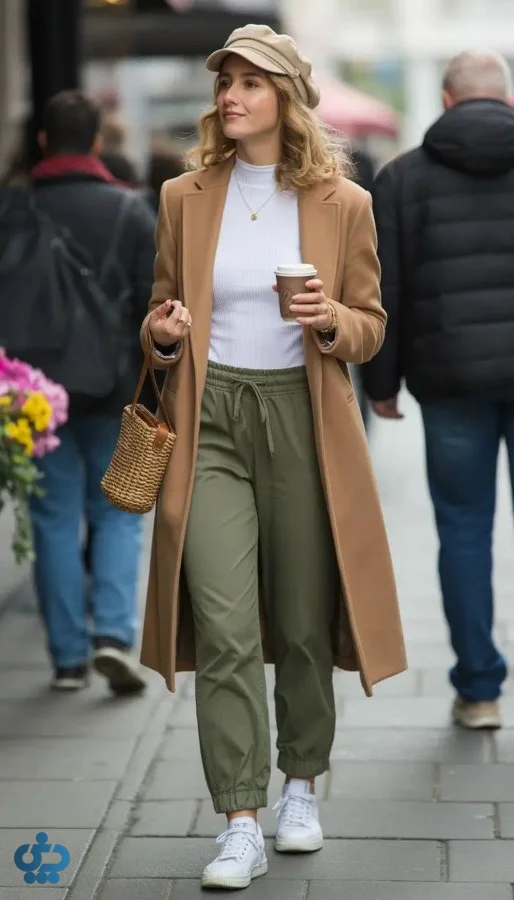 استایل با پالتو زیتونی را با بافت قهوه‌ای بژ