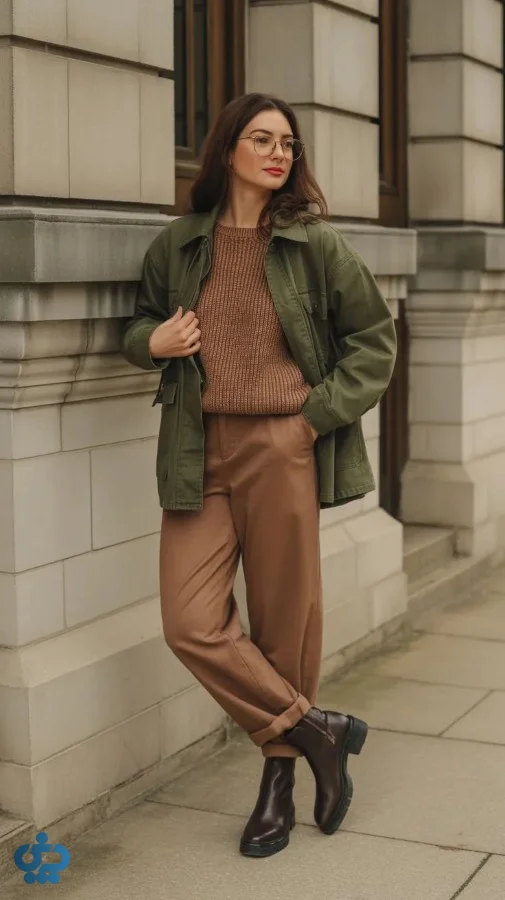 استایل با پالتو زیتونی را با بافت قهوه‌ای بژ