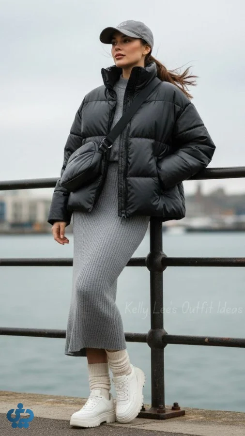 استایل با پافر همراه با شلوار و لگ و دامن