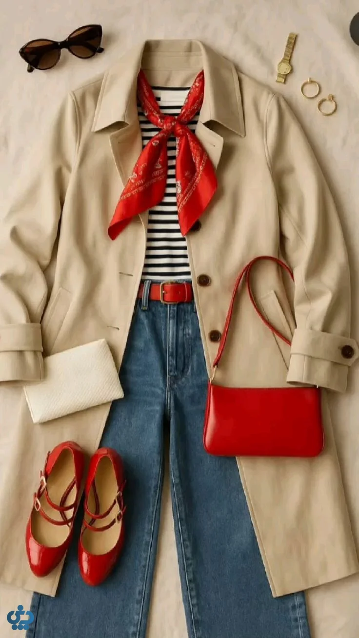 ایده استایل با ترنج کت با اکسسوری قرمز