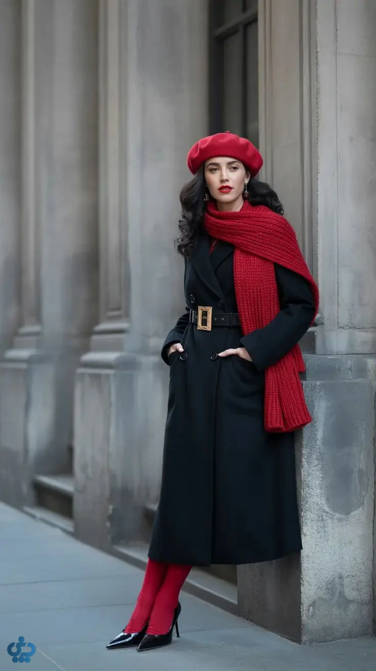 ایده استایل با ترنج کت با اکسسوری قرمز