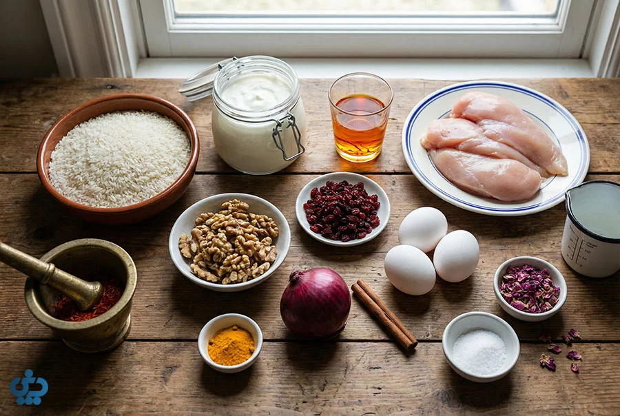 مواد لازم جهت تهیه تهچین مرغ و گردو