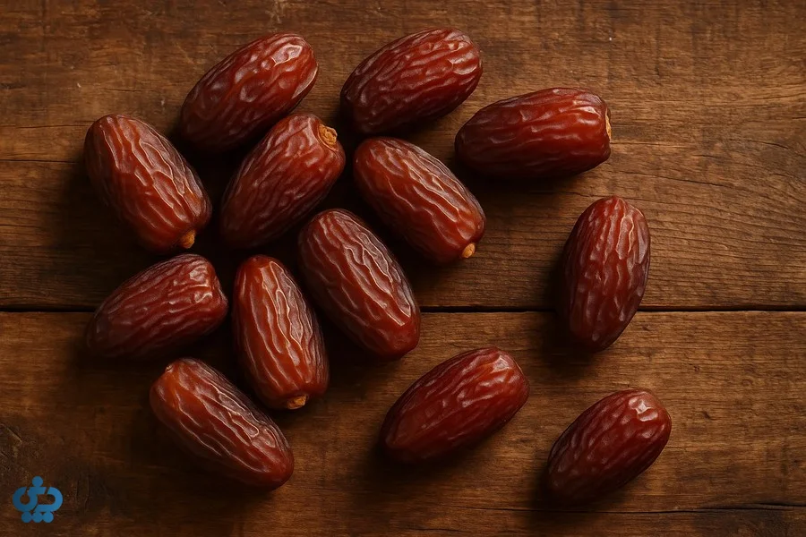 خرمای قهوه‌ای رسیده روی میز چوبی با بافت طبیعی و تازه