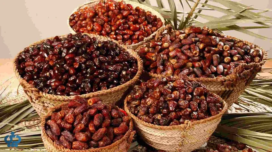 انواع مختلف خرما در سبدهای حصیری؛ تنوع رنگ و اندازه خرما