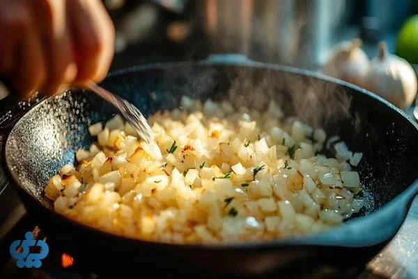 پیازهای نگینی در حال تفت خوردن و طلایی شدن در تابه
