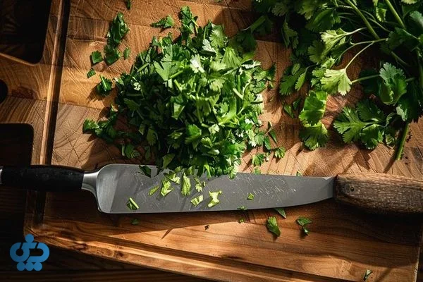 جعفری تازه ریز خرد شده روی تخته آشپزخانه چوبی